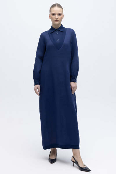 Triko Detaylı V Yaka Keten Elbise Navy - MISS DALIDA (1)