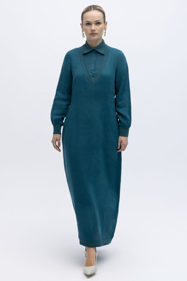 Triko Detaylı V Yaka Keten Elbise North Sea - 1