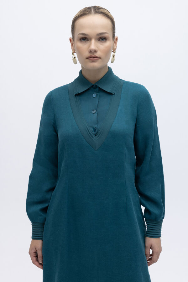 Triko Detaylı V Yaka Keten Elbise North Sea - 2