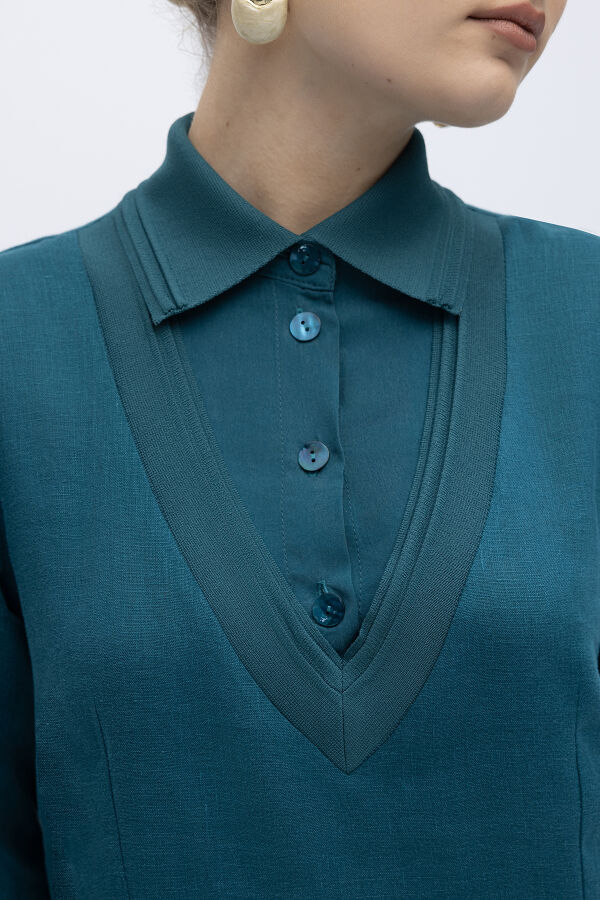 Triko Detaylı V Yaka Keten Elbise North Sea - 3