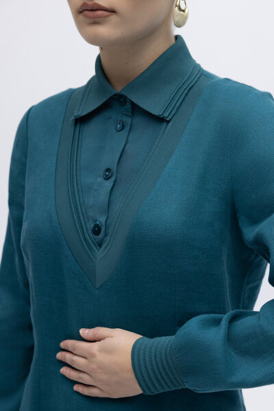 Triko Detaylı V Yaka Keten Elbise North Sea - 5