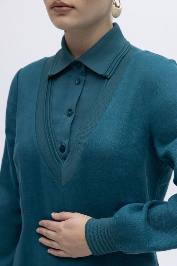 Triko Detaylı V Yaka Keten Elbise North Sea - 5