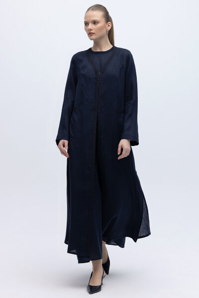 Triko Detaylı V Yaka Keten Kap Siyah 