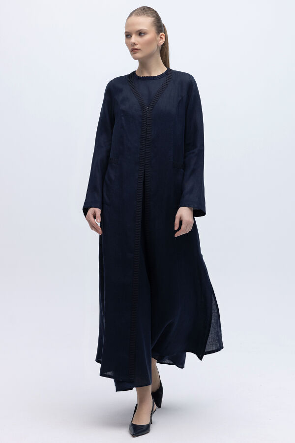 Triko Detaylı V Yaka Keten Kap Siyah - 1