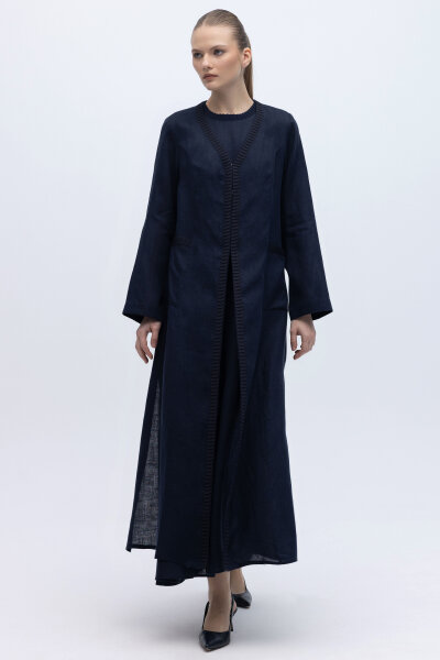 Triko Detaylı V Yaka Keten Kap Siyah - MISS DALIDA (1)