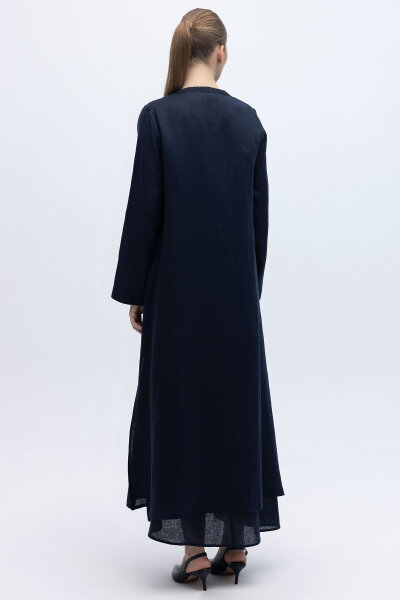 Triko Detaylı V Yaka Keten Kap Siyah - 4