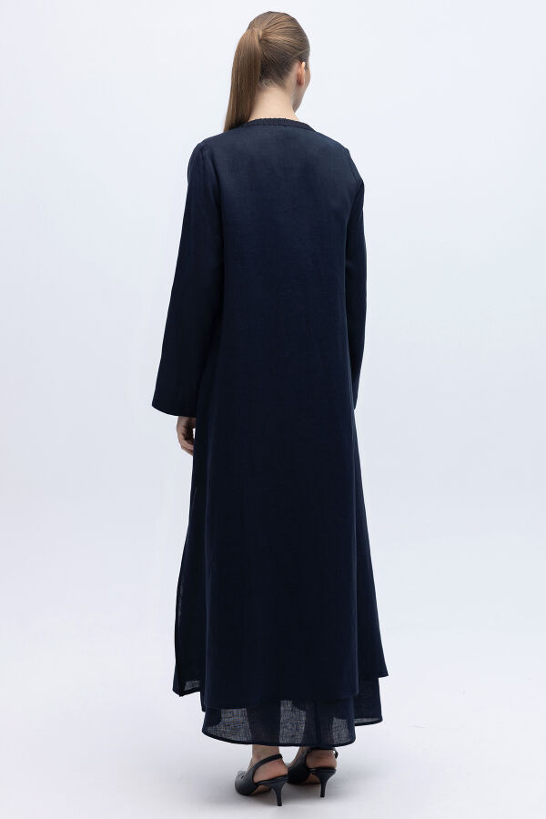 Triko Detaylı V Yaka Keten Kap Siyah - 4