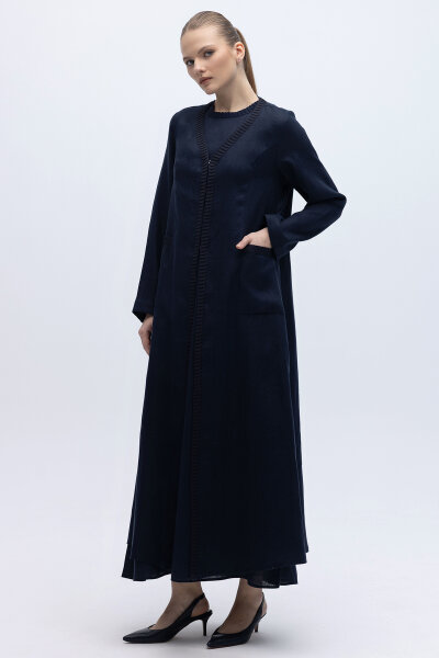 Triko Detaylı V Yaka Keten Kap Siyah - 5