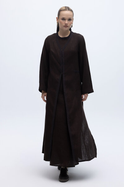 Triko Detaylı V Yaka Keten Kap Kahverengi 