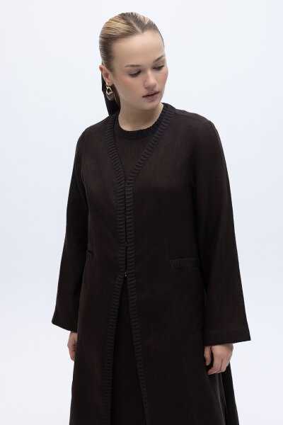 Triko Detaylı V Yaka Keten Kap Kahverengi - 2