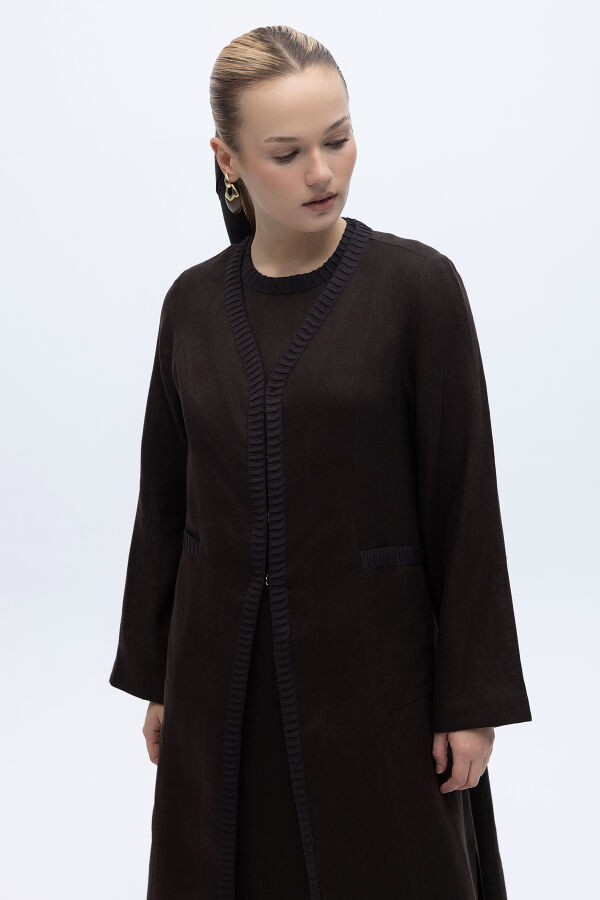 Triko Detaylı V Yaka Keten Kap Kahverengi - 2