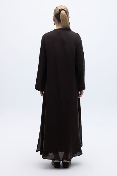 Triko Detaylı V Yaka Keten Kap Kahverengi - 3