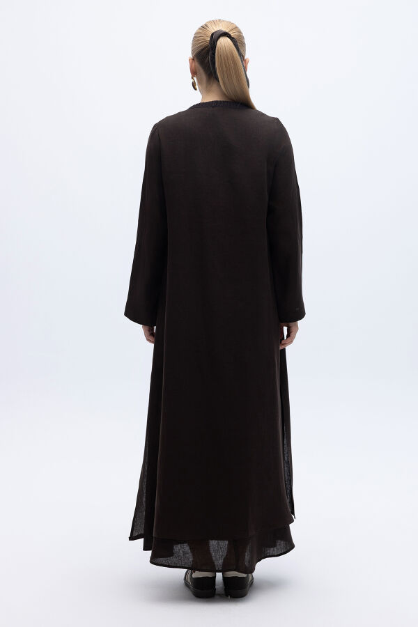 Triko Detaylı V Yaka Keten Kap Kahverengi - 3