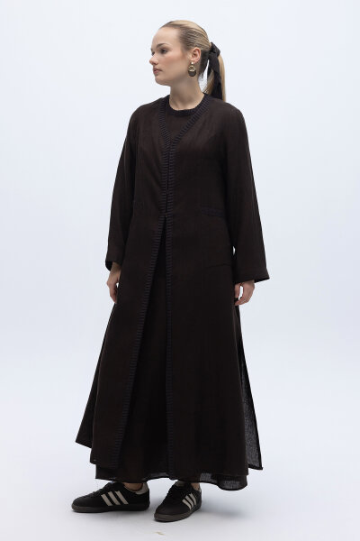 Triko Detaylı V Yaka Keten Kap Kahverengi - 4