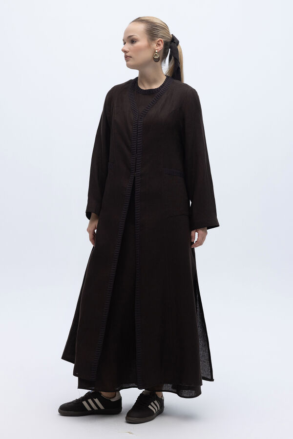 Triko Detaylı V Yaka Keten Kap Kahverengi - 4