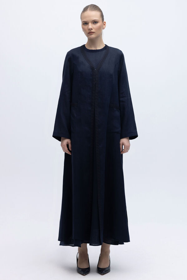 Triko Detaylı V Yaka Keten Kap Lacivert - 1