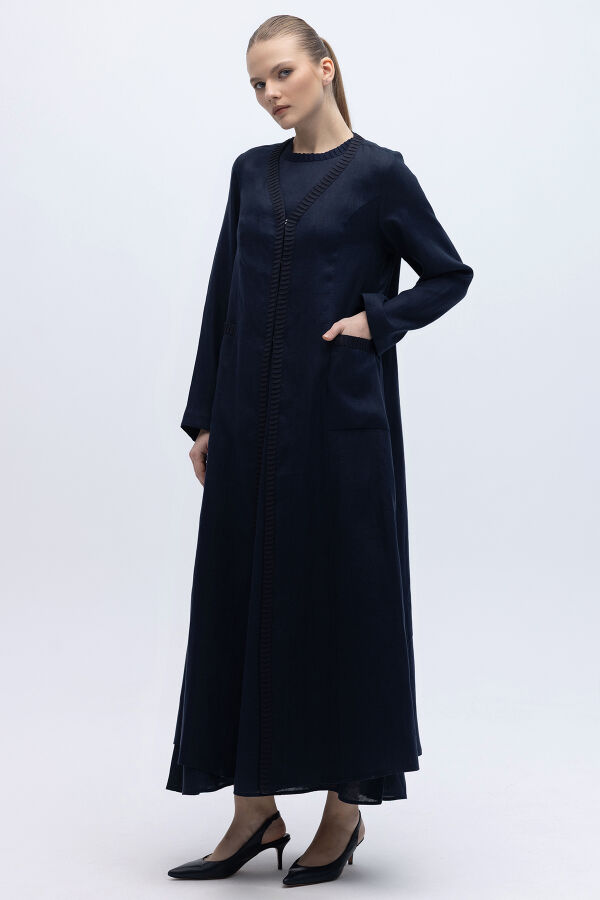 Triko Detaylı V Yaka Keten Kap Lacivert - 2