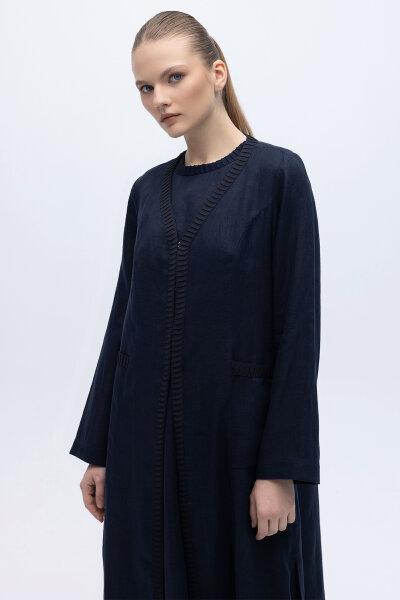 Triko Detaylı V Yaka Keten Kap Lacivert - 3