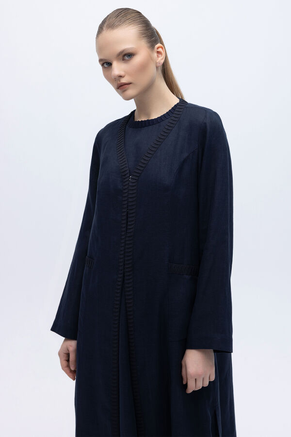 Triko Detaylı V Yaka Keten Kap Lacivert - 3