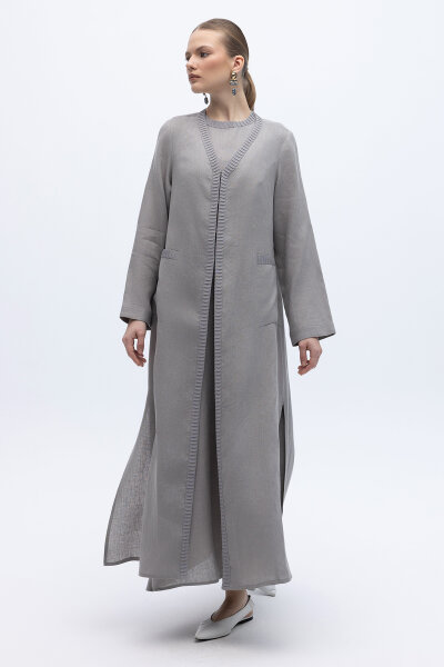 Triko Detaylı V Yaka Keten Kap Gri 