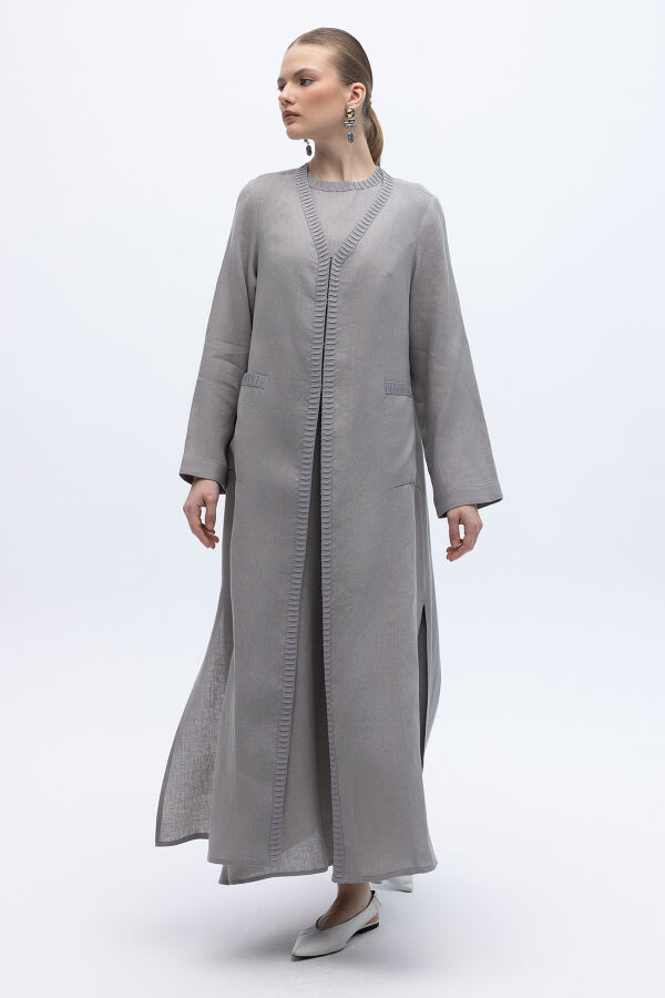 Triko Detaylı V Yaka Keten Kap Gri - 1