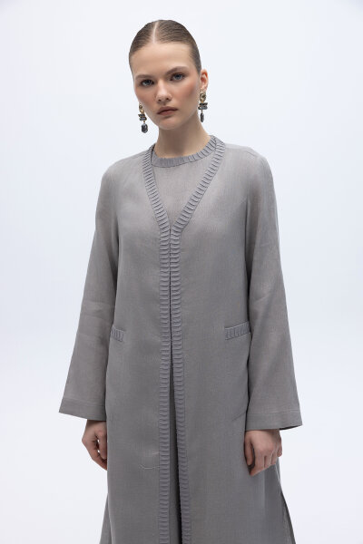 Triko Detaylı V Yaka Keten Kap Gri - MISS DALIDA (1)