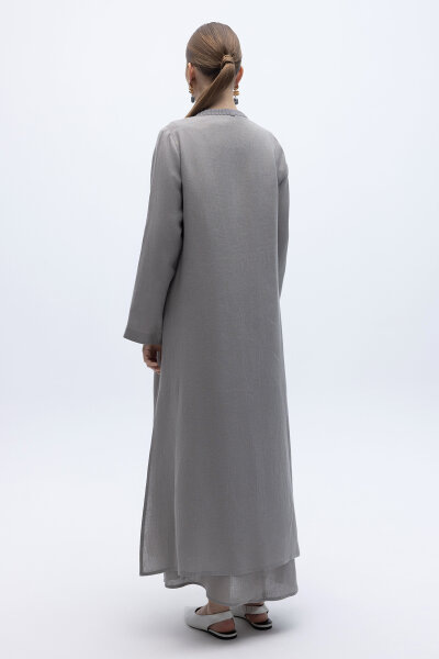 Triko Detaylı V Yaka Keten Kap Gri - 4