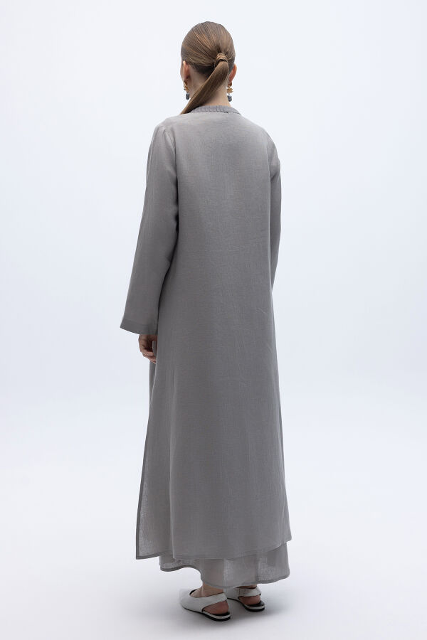 Triko Detaylı V Yaka Keten Kap Gri - 4