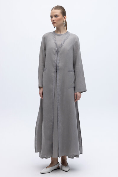 Triko Detaylı V Yaka Keten Kap Gri - 5