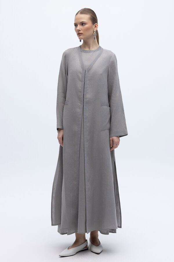 Triko Detaylı V Yaka Keten Kap Gri - 5