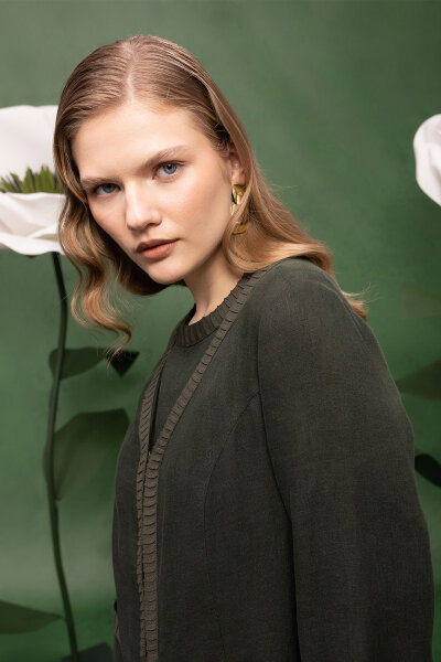 Triko Detaylı V Yaka Keten Kap Haki - 2