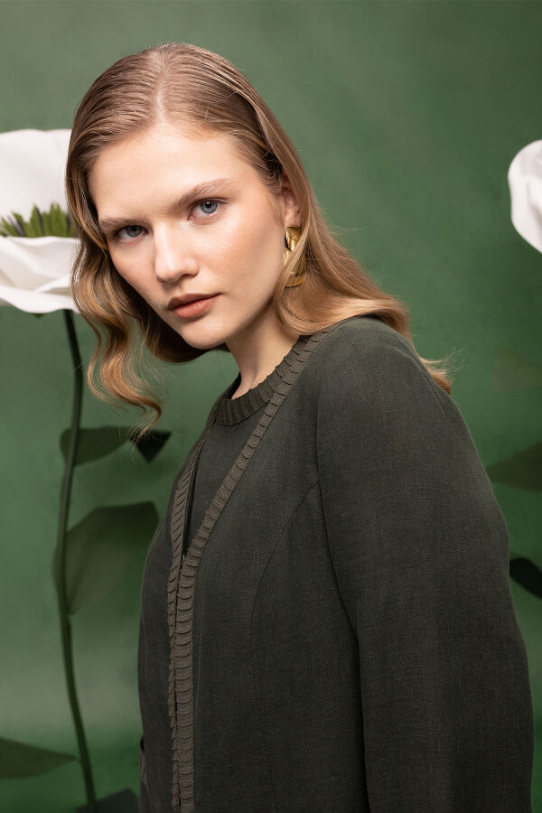 Triko Detaylı V Yaka Keten Kap Haki - 2