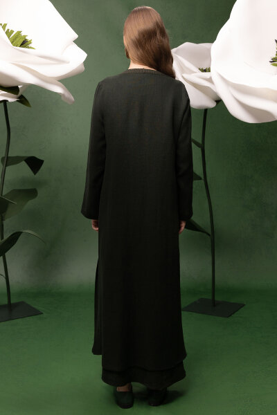 Triko Detaylı V Yaka Keten Kap Haki - 3