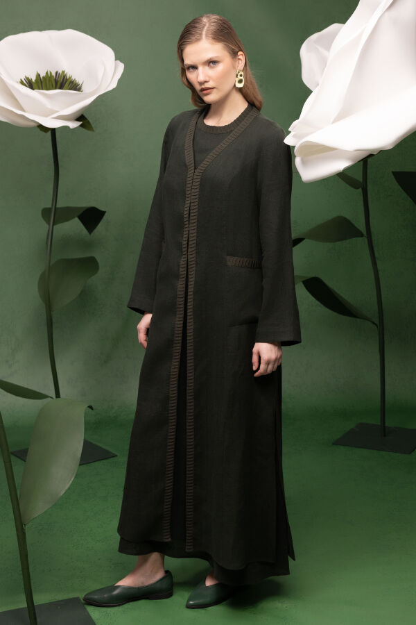 Triko Detaylı V Yaka Keten Kap Haki - 4