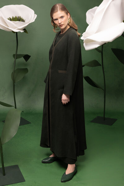 Triko Detaylı V Yaka Keten Kap Haki - 5