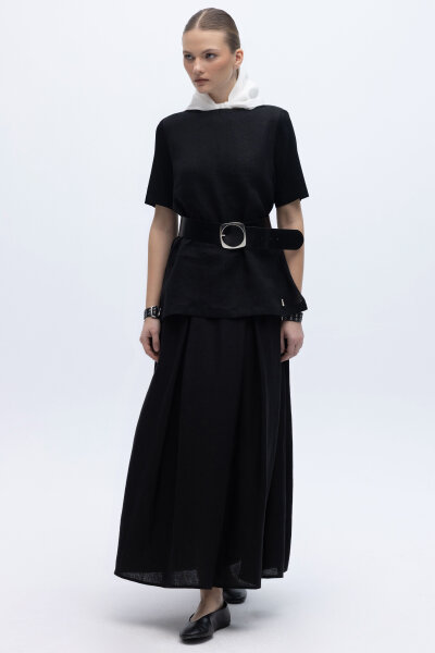 Triko Korsajlı Rahat Kesim Keten Etek Siyah - 1