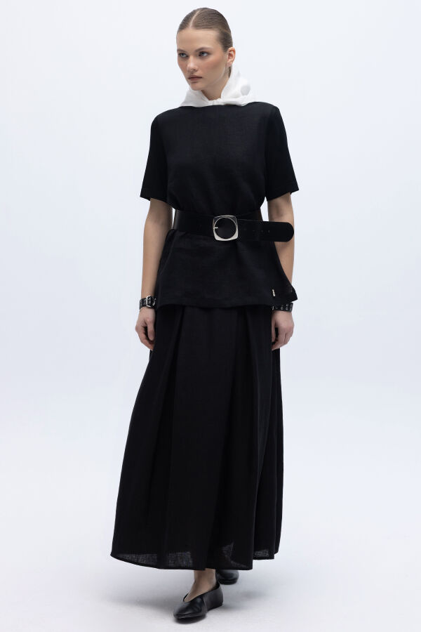 Triko Korsajlı Rahat Kesim Keten Etek Siyah - 1