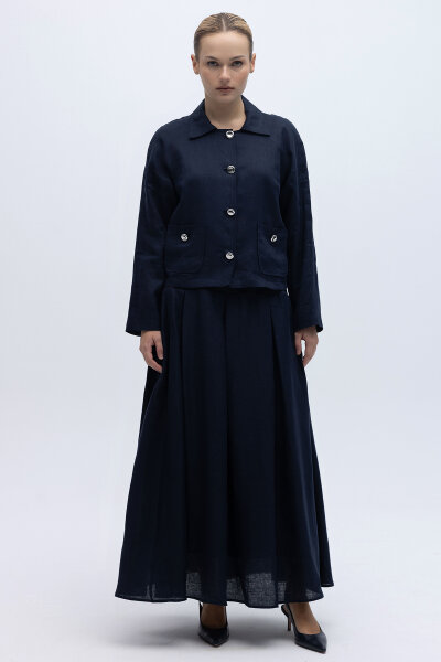 Triko Korsajlı Rahat Kesim Keten Etek Siyah - 4