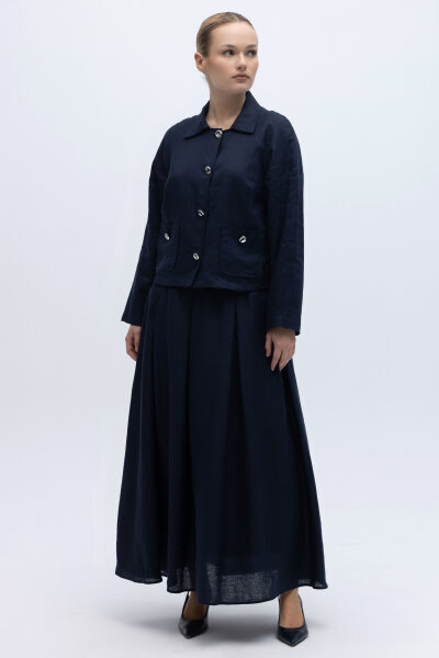 Triko Korsajlı Rahat Kesim Keten Etek Siyah - 5