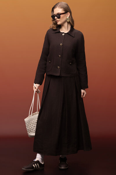 Triko Korsajlı Rahat Kesim Keten Etek Kahverengi 