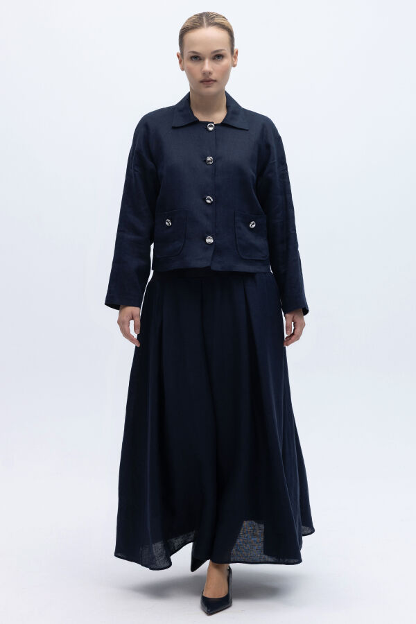 Triko Korsajlı Rahat Kesim Keten Etek Lacivert - 1