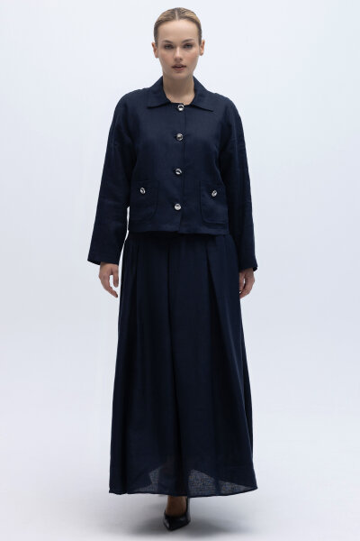 Triko Korsajlı Rahat Kesim Keten Etek Lacivert - 2