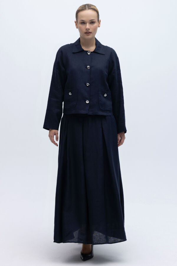 Triko Korsajlı Rahat Kesim Keten Etek Lacivert - 2