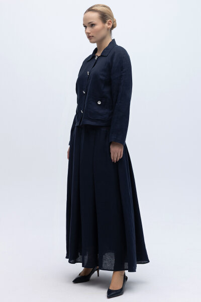 Triko Korsajlı Rahat Kesim Keten Etek Lacivert - 4