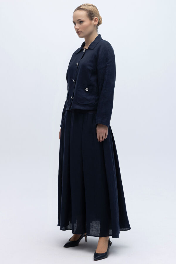 Triko Korsajlı Rahat Kesim Keten Etek Lacivert - 4