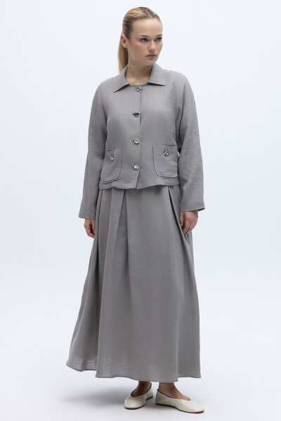 Triko Korsajlı Rahat Kesim Keten Etek Gri 