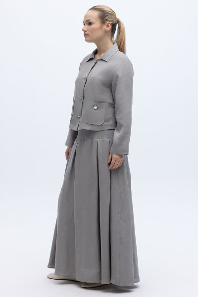 Triko Korsajlı Rahat Kesim Keten Etek Gri - 3