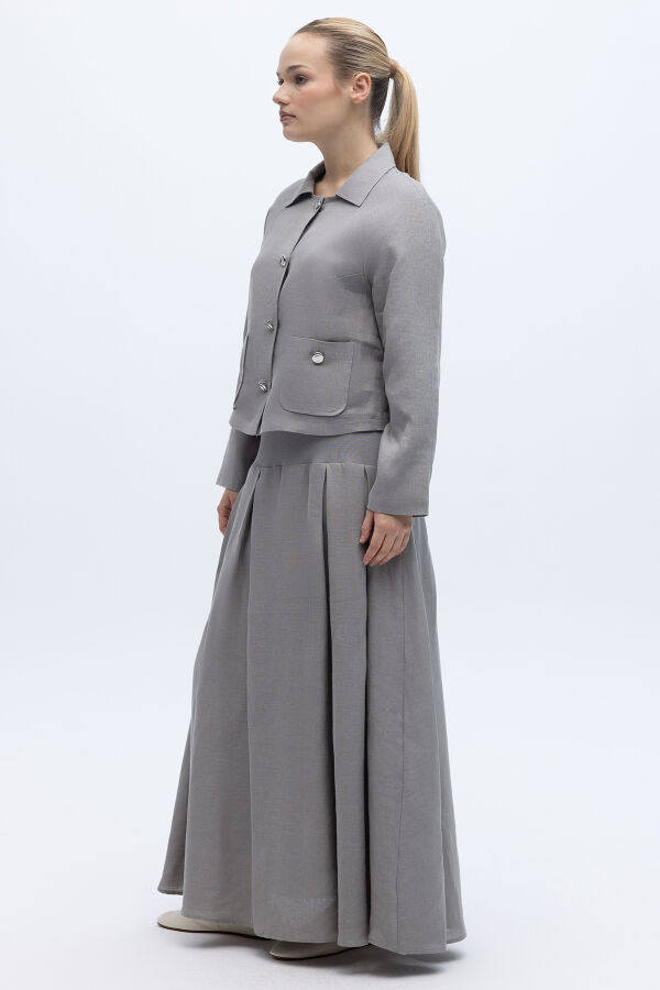 Triko Korsajlı Rahat Kesim Keten Etek Gri - 3