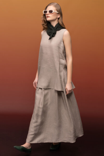 Triko Korsajlı Rahat Kesim Keten Etek Stone 