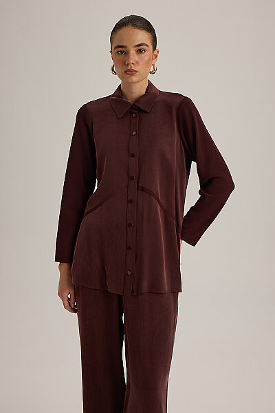  Triko -Kumaş Şerit Detaylı Gömlek Bordo - 4